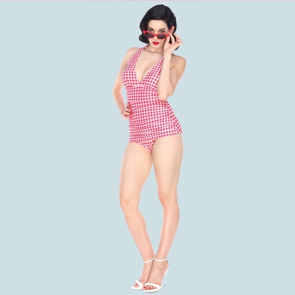 🌺New! Bettie Page Picnic Ruched Halter One Piece - Picture 3 of 5